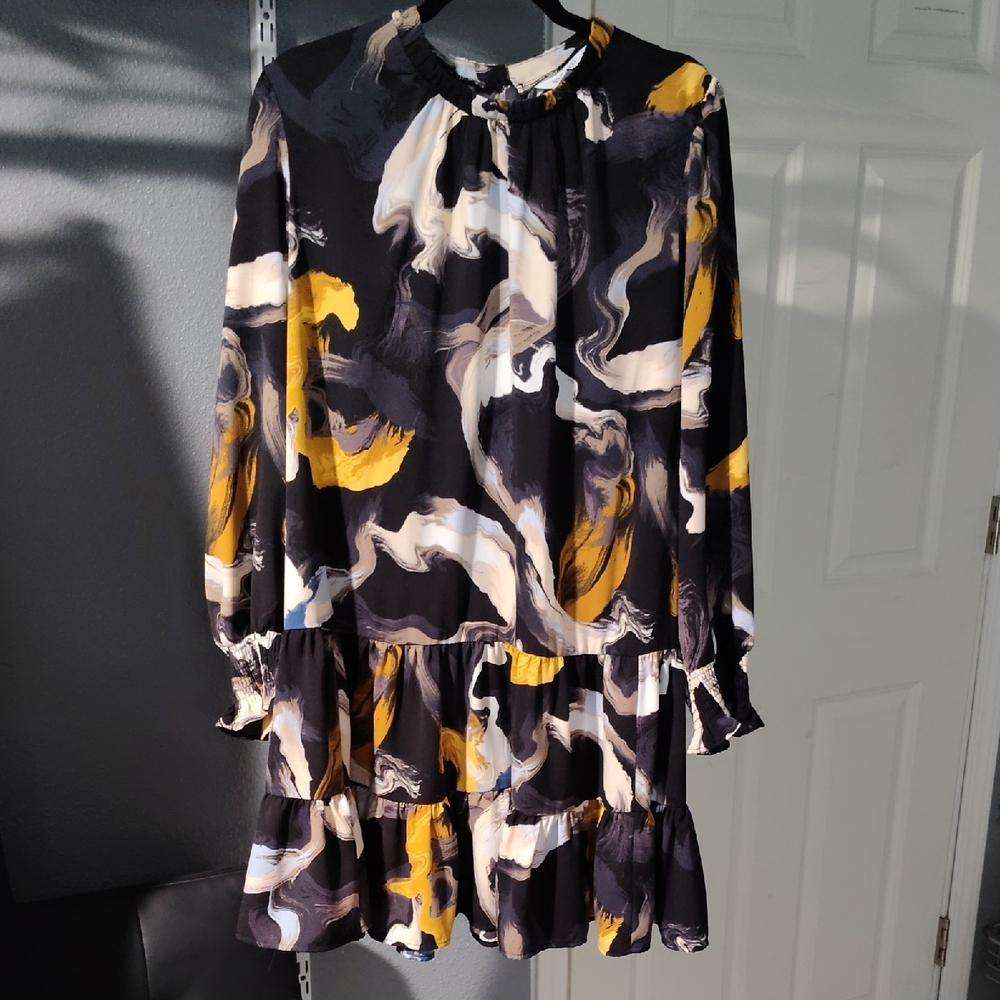 Nine West Black and Yellow Abstract Long Sleeve Dress